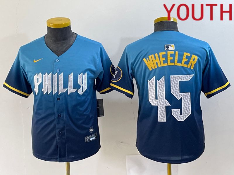 Youth Philadelphia Phillies #45 Wheeler Blue City Edition Nike 2024 MLB Jersey style 1->youth mlb jersey->Youth Jersey